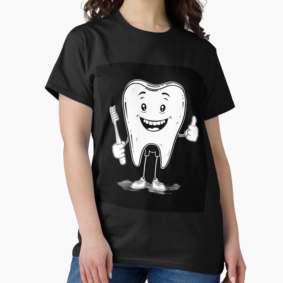 Happy Tooth with Toothbrush Cute Dental Hygiene Cartoon by inkoutninja