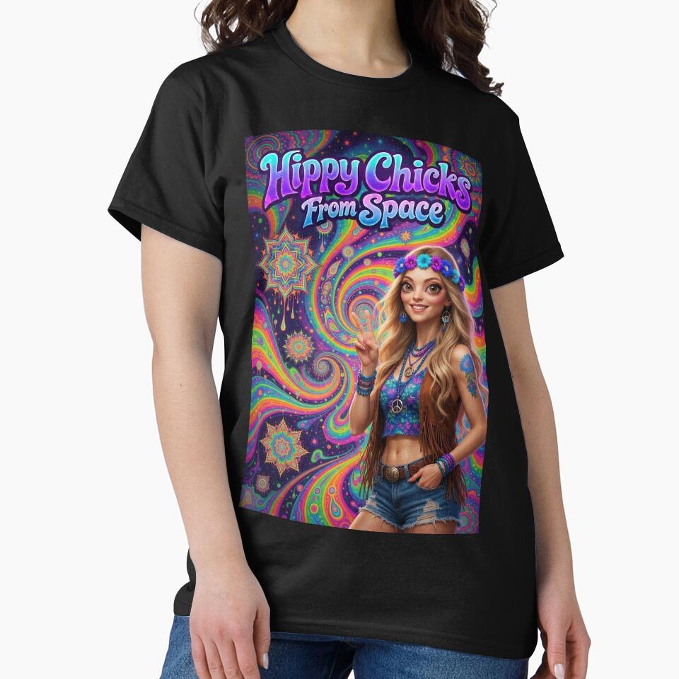 Hippy Chicks From Space - Psychedelic Space Hippie Girl with Peace Sign by David Brookes Digital