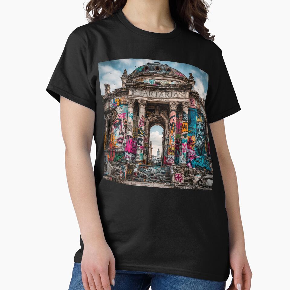 Ancient Tartaria Graffiti Art Print – Urban Street Art Ruins, Classical Architecture Meets Modern Graffiti Wall Decor by Emoji Emblems