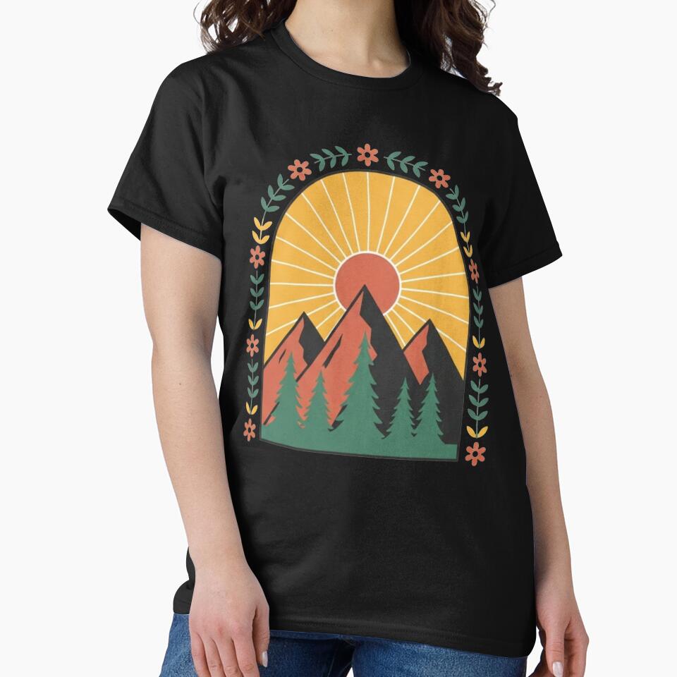 Boho Mountain Sunrise Floral Arch | Earthy Nature Retro Print by Dzblack