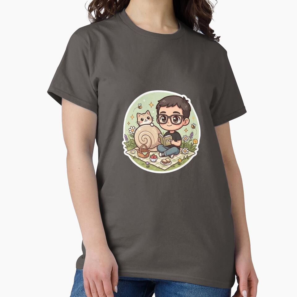 Boy Reading with Snail Cat Picnic Illustration by mimiartes
