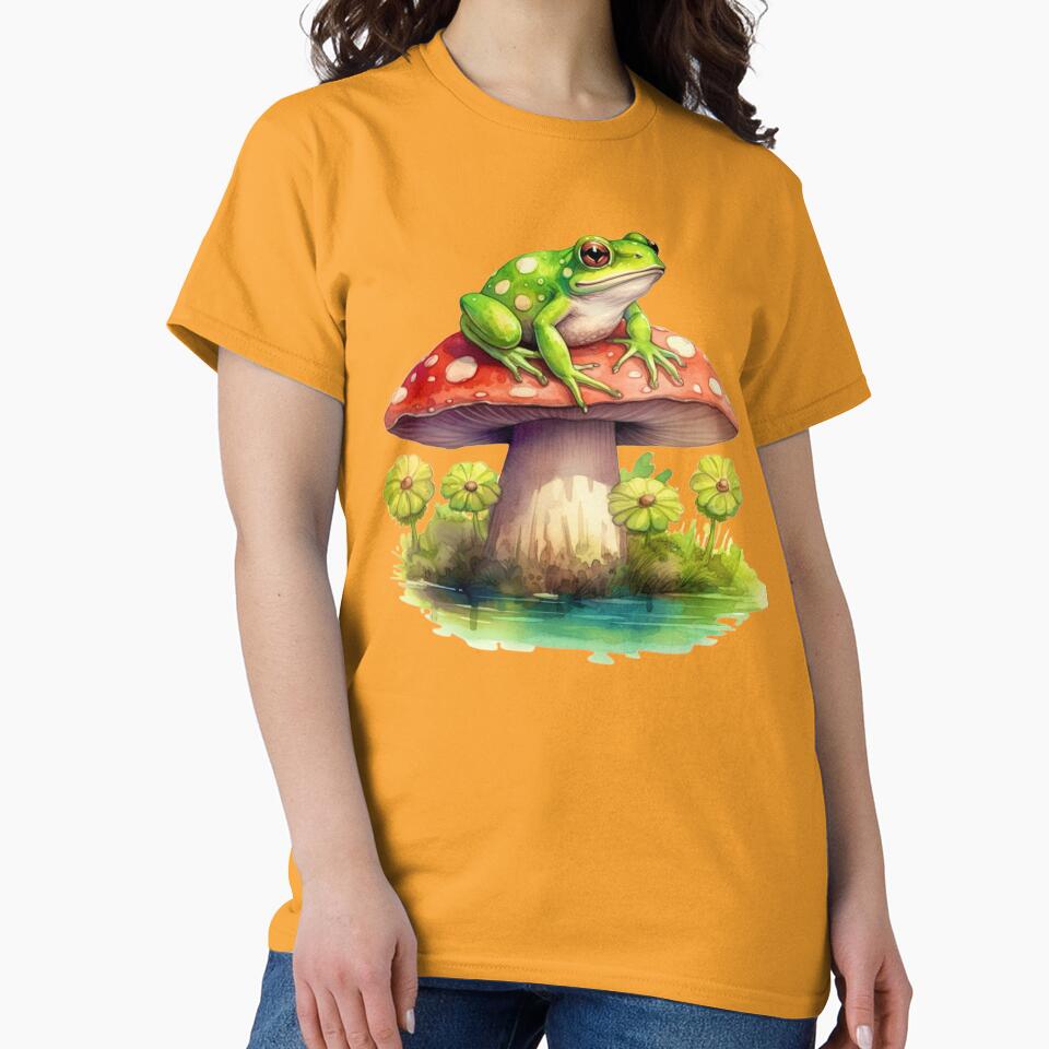 Frog Sitting on Top of Mushroom by Myra365Art