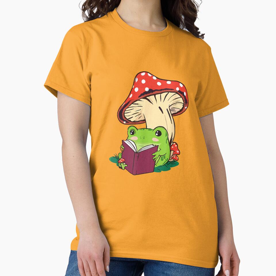 Reading Frog Mushroom Cute Nature Aesthetic Cottagecore T-Shirt by SubStudio97
