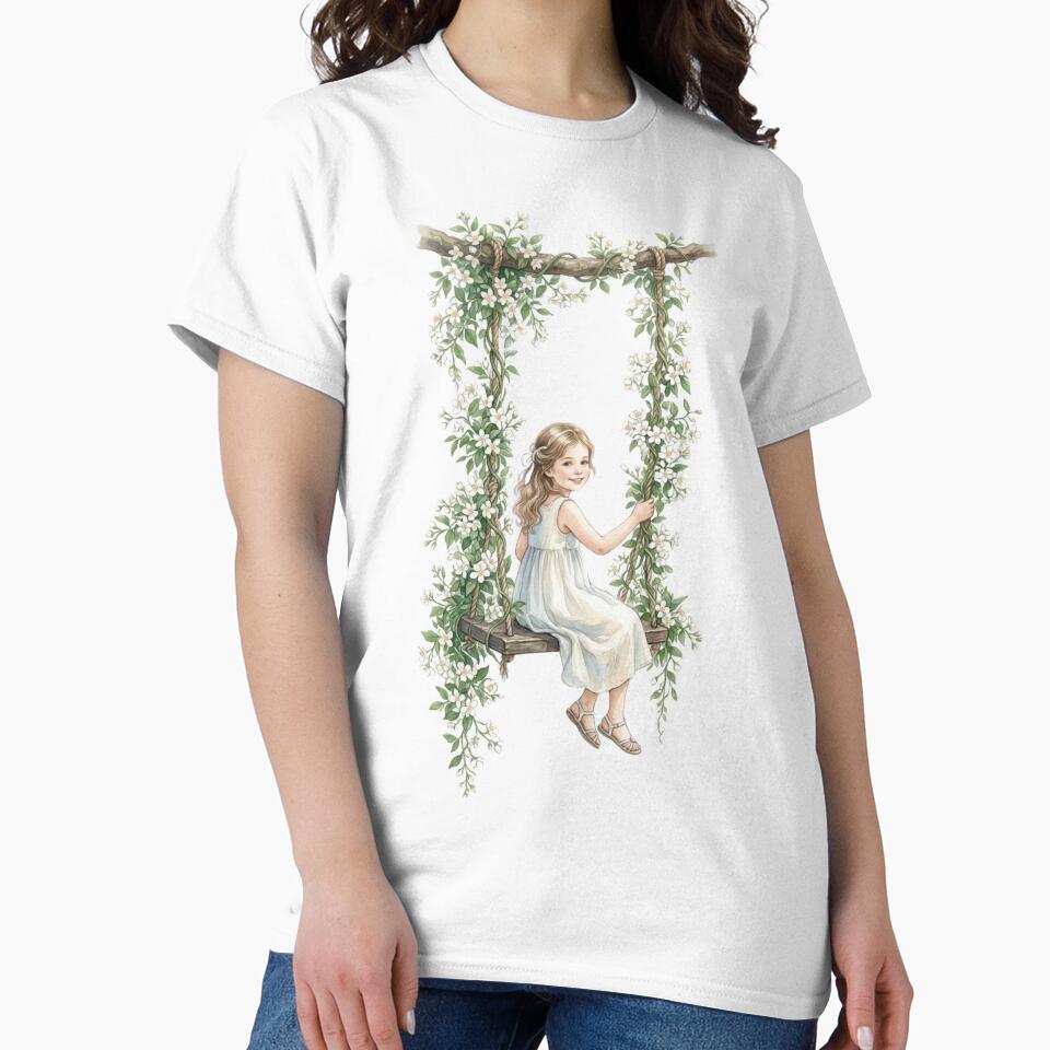 watercolor Blond Girl on a Jasmine covered Swing by TB-73