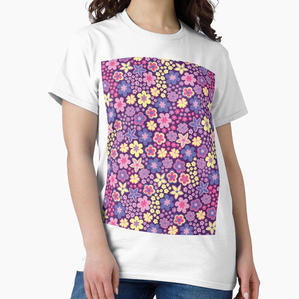 Purple 60s retro flower power, retro purpl, pink, pastel yellow, 60s groovy pattern, hippie flowers by blomastudios