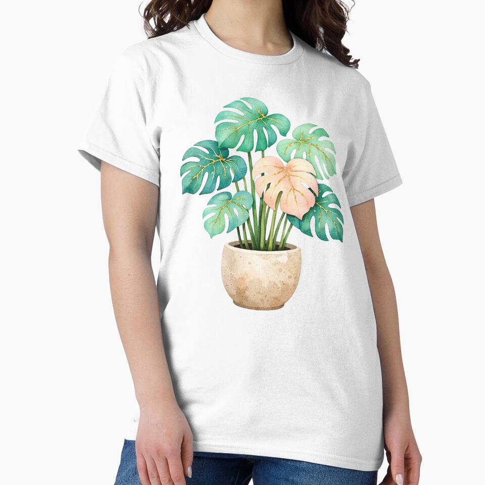 Golden Monstera Plant Watercolor Teal and Pink Tropical Leaves in Stone Pot by Owcomm