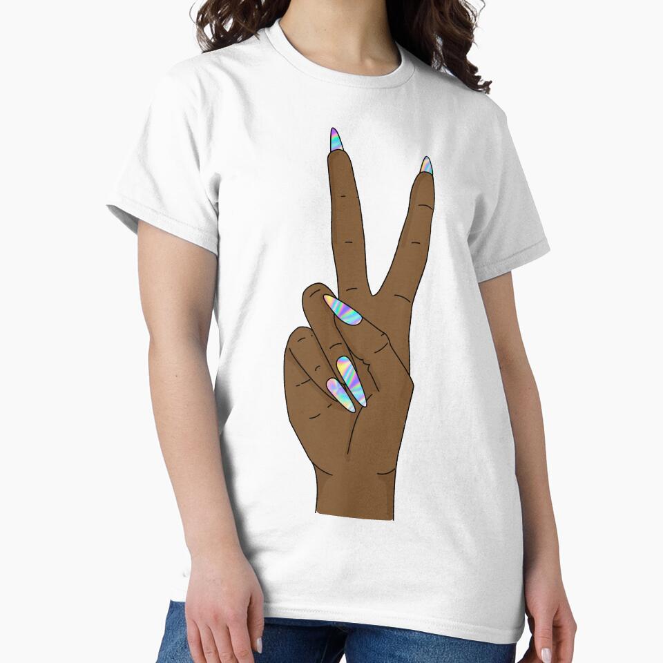 Peace sign hand with holograph nails by savanamms6