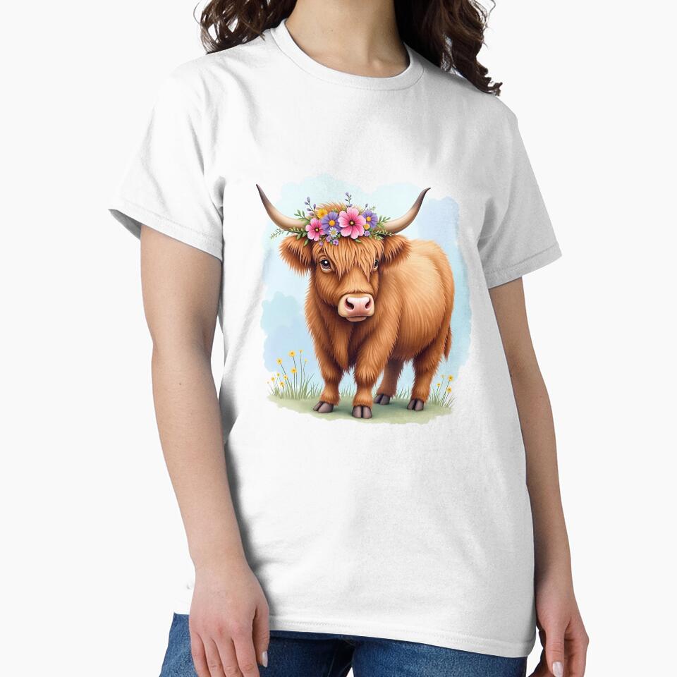 Highland Cow with Boho Flower Crown Watercolor by Trendsecne