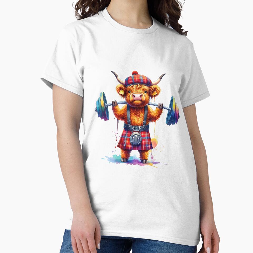 Cute Scottish Highland Cow Weightlifting Colorful Fun Watercolor by MaedK