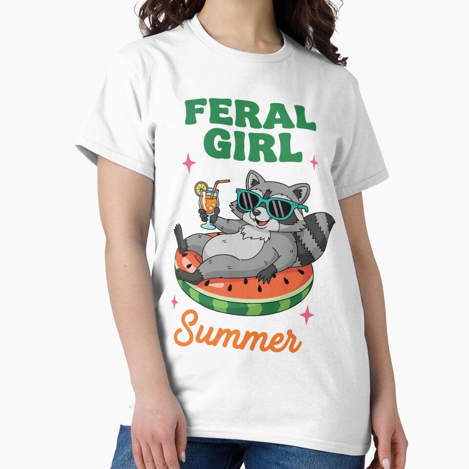 Feral Girl Summer – Raccoon on Watermelon Float Cartoon Design by NancyEstrada
