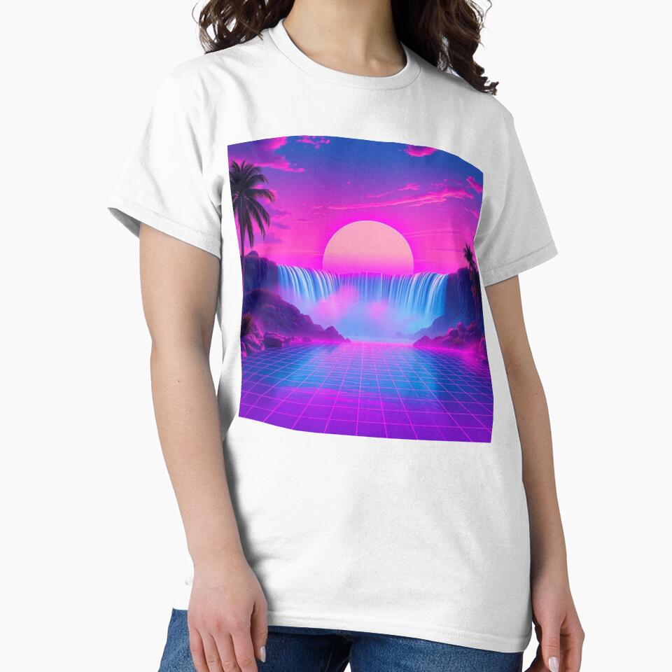 Vaporwave Waterfall Sunset Neon Grid Aesthetic Art Print - Synthwave Paradise Wall Decor by EllDAV777