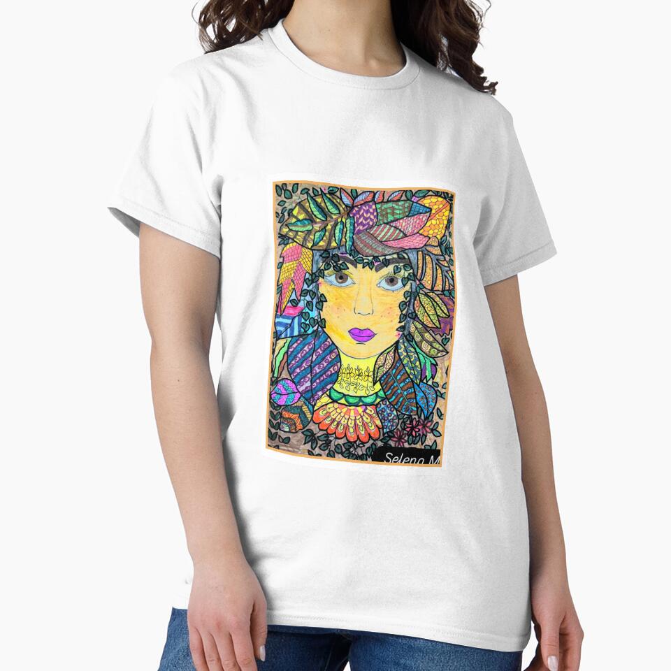 Whimsical Nature Goddess – Colorful Folk Art Portrait with Patterned Leaves by Selena.m.studio