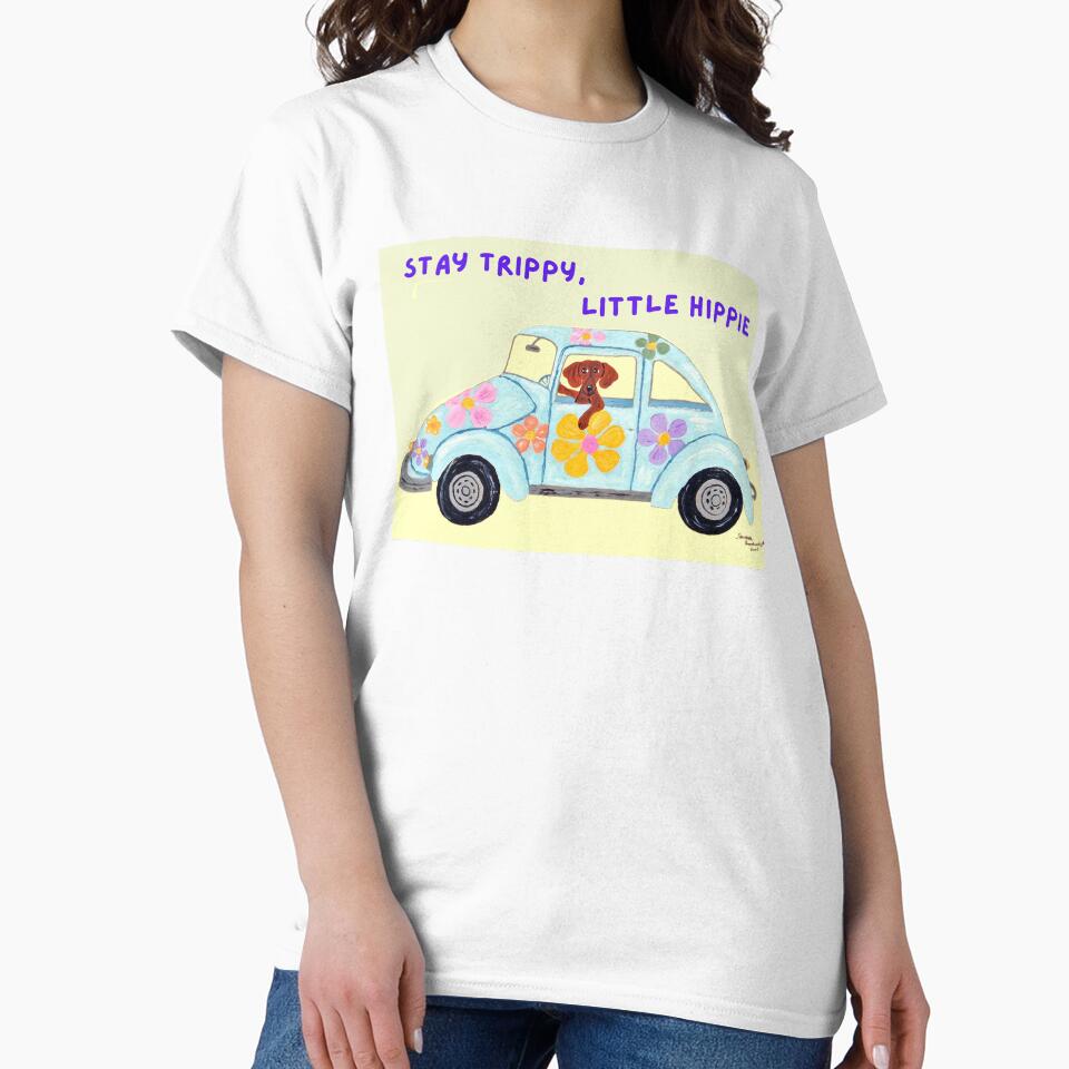Stay Trippy, Little Hippie Dachshund in Car by Squirreldumplings
