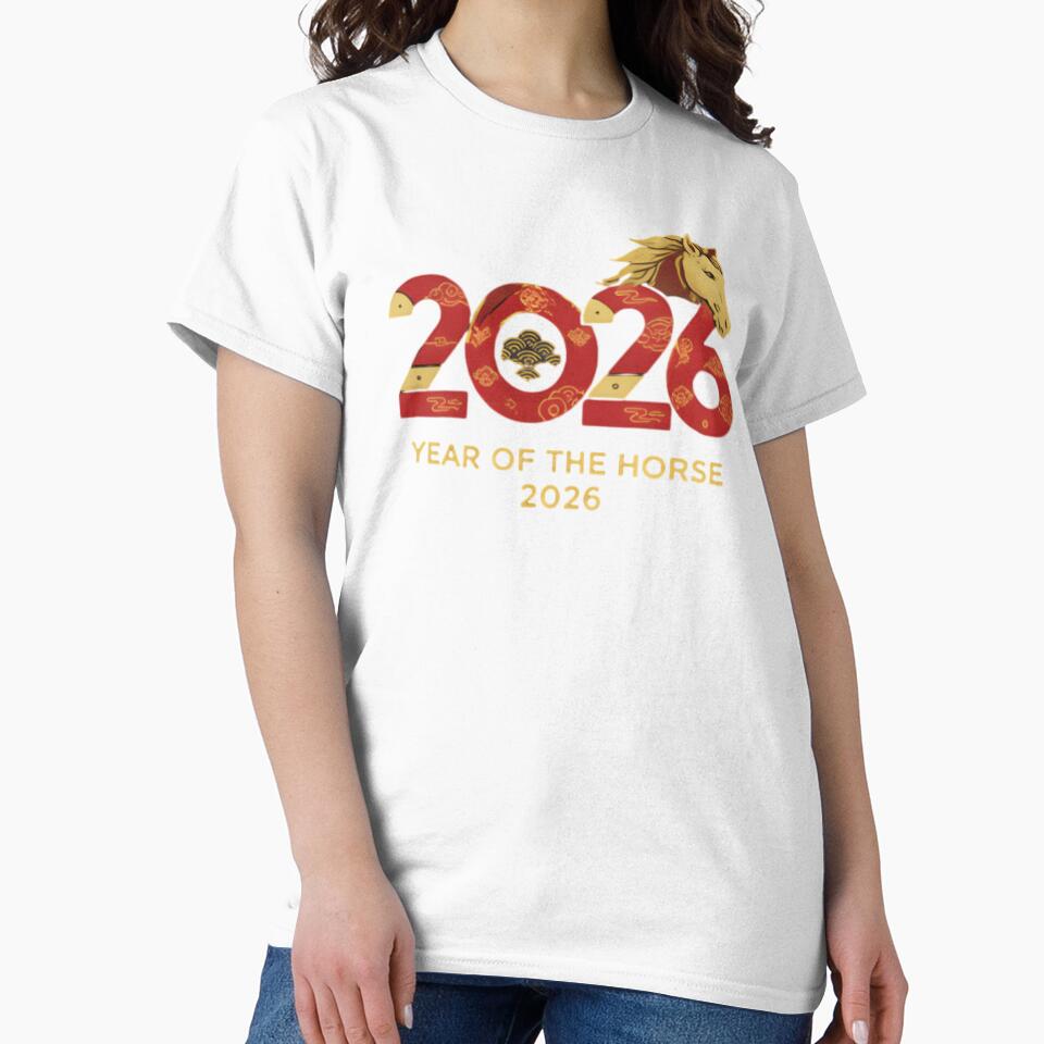 2026 Year of the Horse T-Shirt | Lunar New Year Chinese Zodiac Horse | Red Gold Festive Tee by ZyxDes