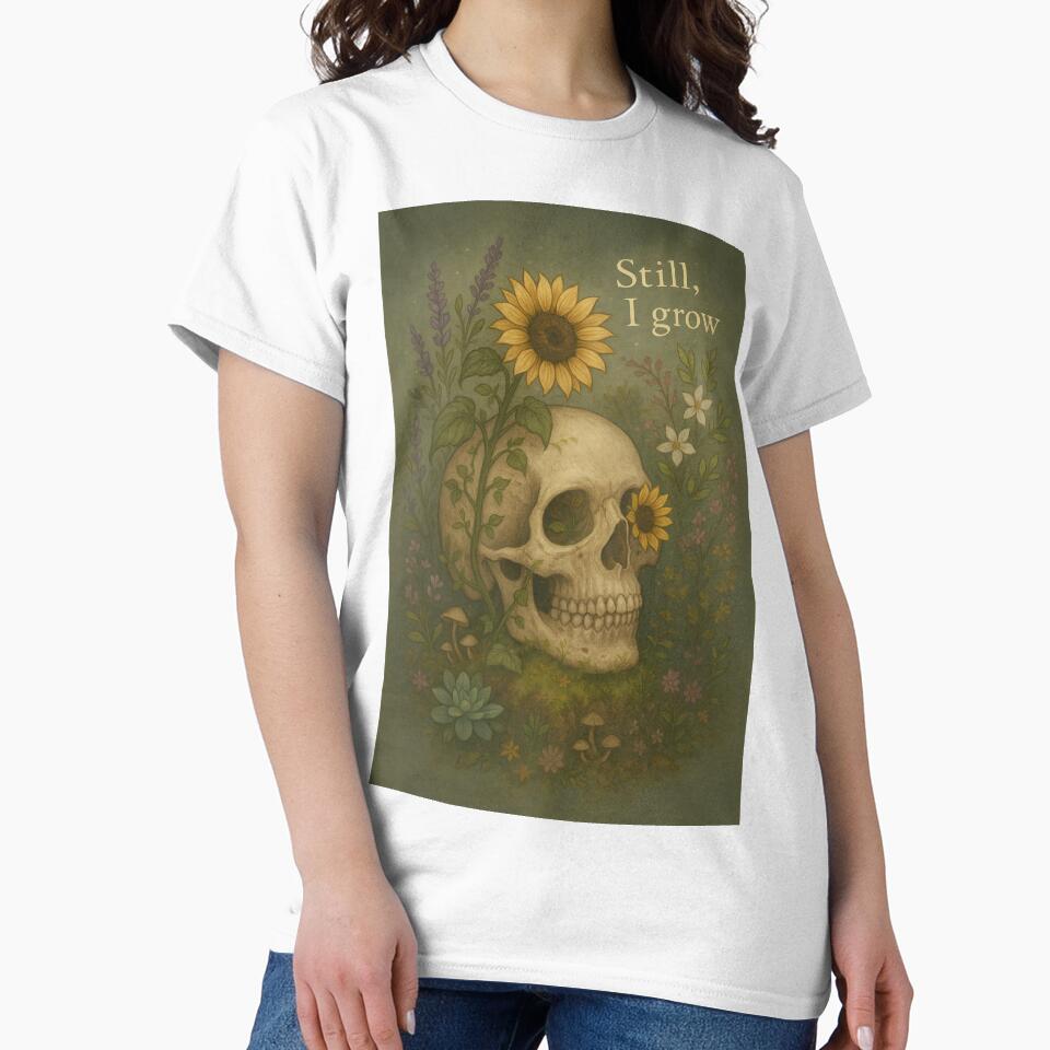 Still I Grow – Floral Skull Art on Growth Through Darkness by MoonMommaMagic