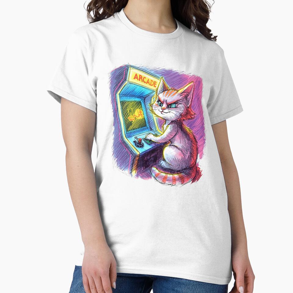 Retro Arcade Gamer Cat | Neon Sketch Style Illustration by SoulenCify