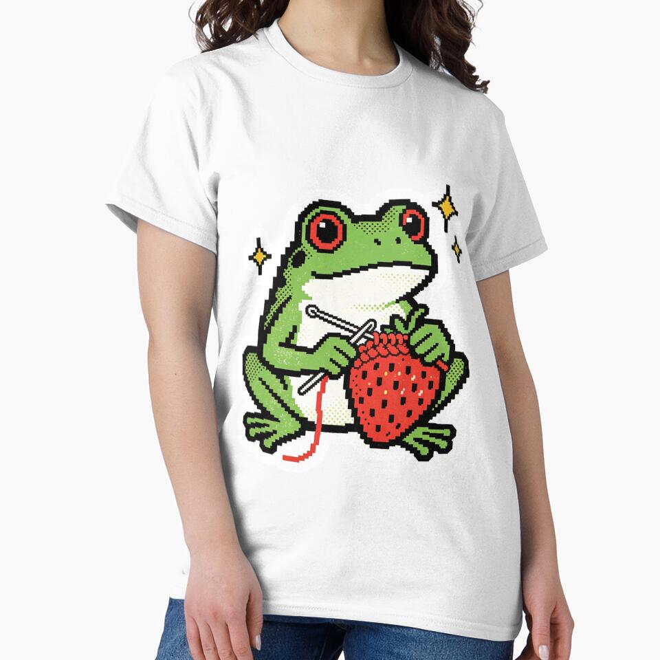 Whimsical Pixel Art Frog Knitting a Strawberry - Retro 8-bit Gamer Craft Vibe by Cherrydora