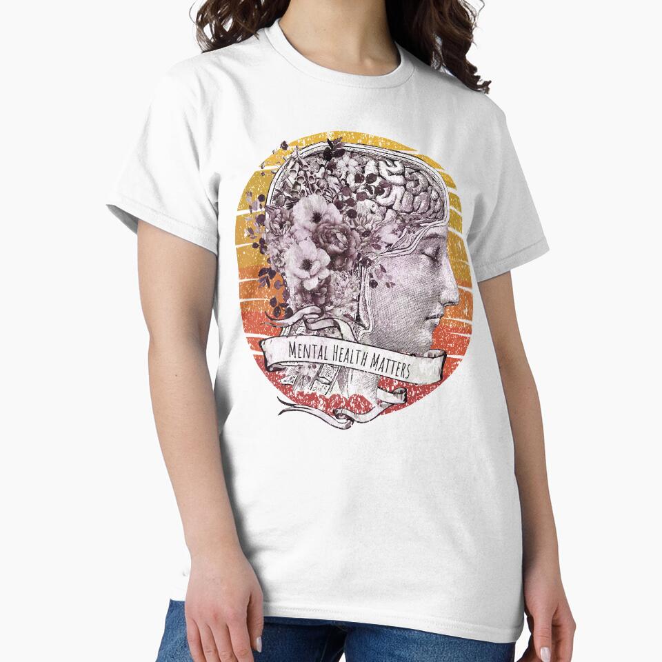 Brain anatomy floral mental health, brain psychology, sunset Vintage style, mental health matters by Collagedream