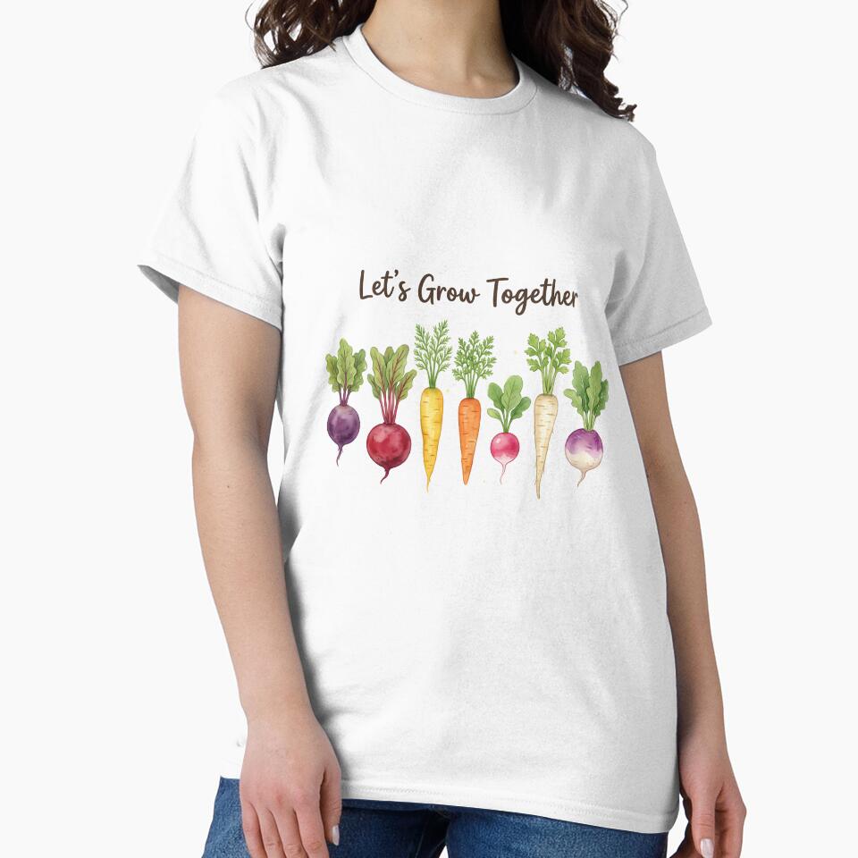 Let’s Grow Together – Cute Garden Roots Shirt | Botanical Vegetable Illustration Tee | Plant Lover Gift Unisex T-Shirt by PrintedWithSoul