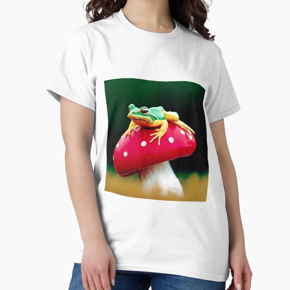 Green Tree Frog Sitting On An Amanita Muscaria Mushroom - Santa Claus Mushroom Psychedelic by AlanPhotoArt