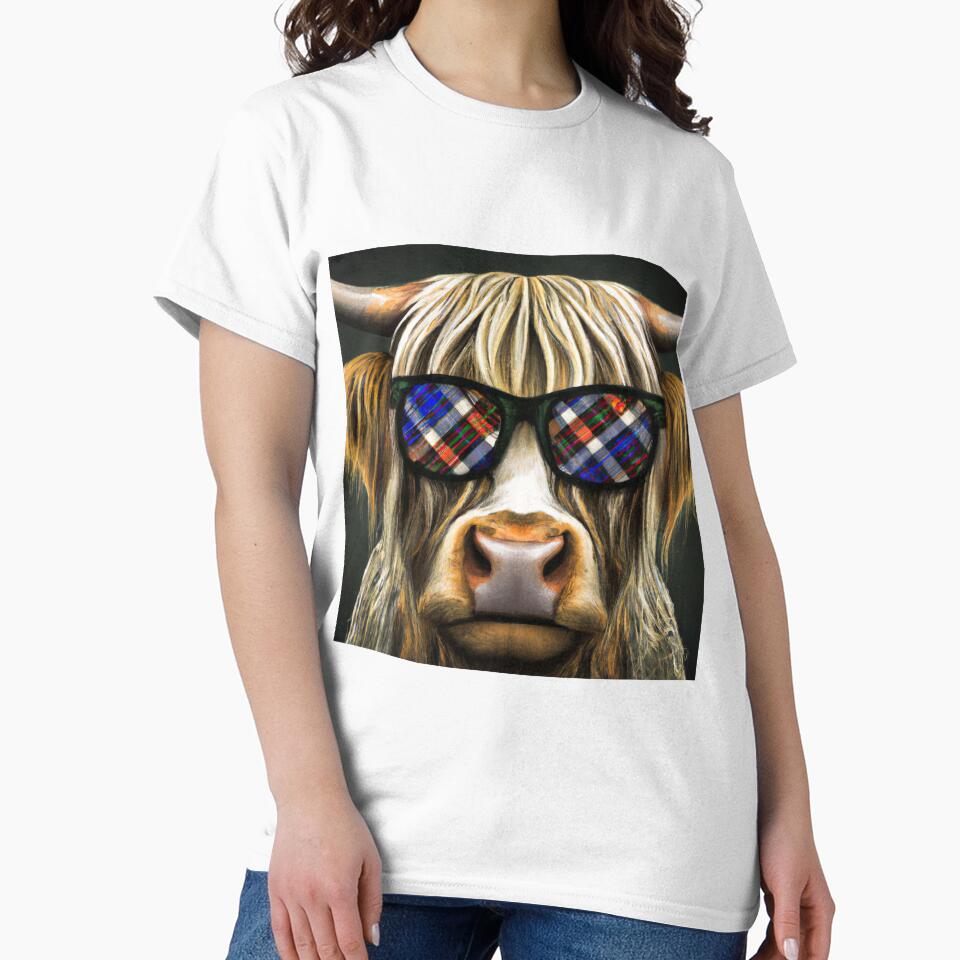 Cute Fluffy Highland Cow Wearing Sunglasses Reflecting Plaid by GregFromThePeg