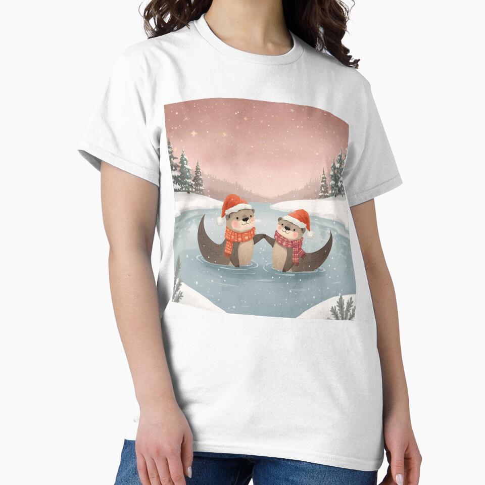 Otters Holding Hands on Ice – Whimsical Winter Christmas Art by WildlifeWhimsy