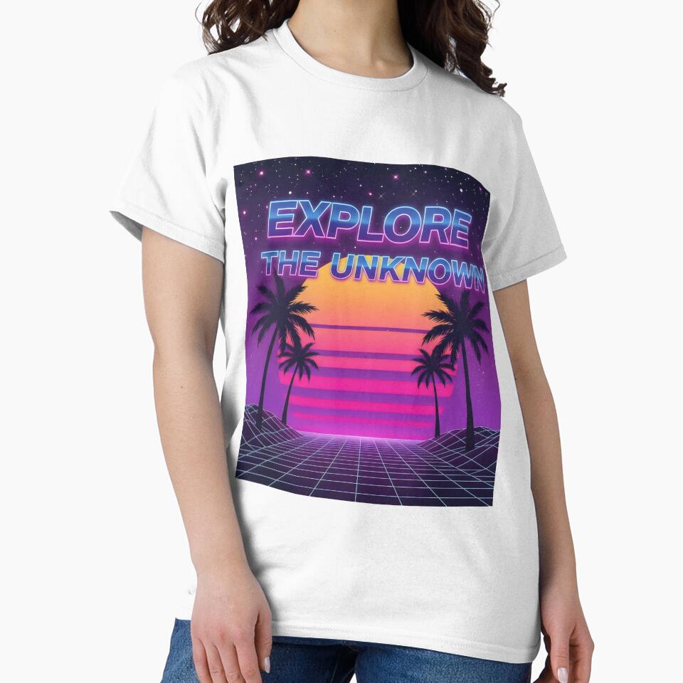Explore the Unknown Synthwave Sunset Design with Grid, Palms and Retro Neon Vibes by SplashTastic