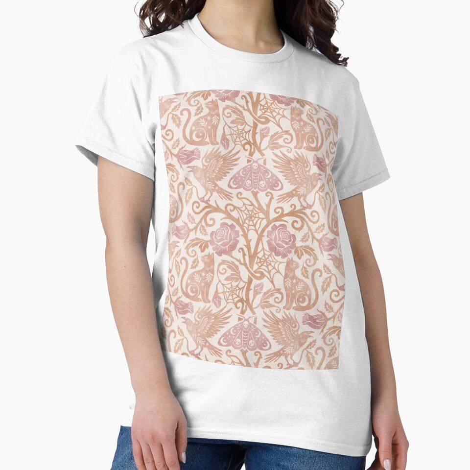 Ornate Gothic Cats Ravens Moths And Roses In Beige And Dusty Rose by EliveraDesigns