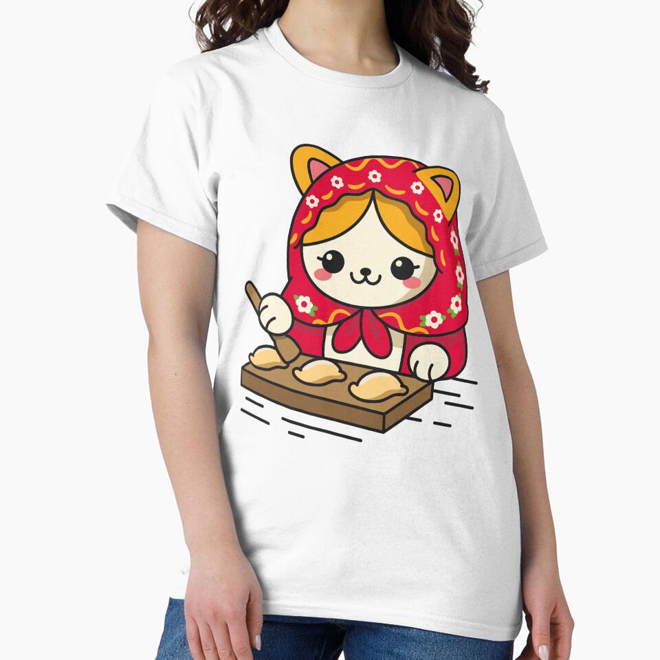 Cute Cat in Red Hood Making Dumplings - Whimsical Folk Art by DrawHandArt
