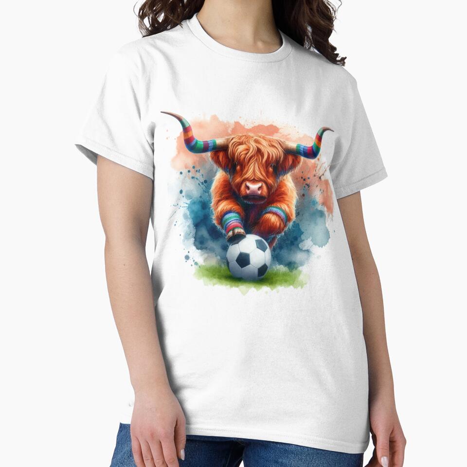 Scottish Tartan Army Highland Cow Playing Soccer Football Colorful Watercolor by MaedK