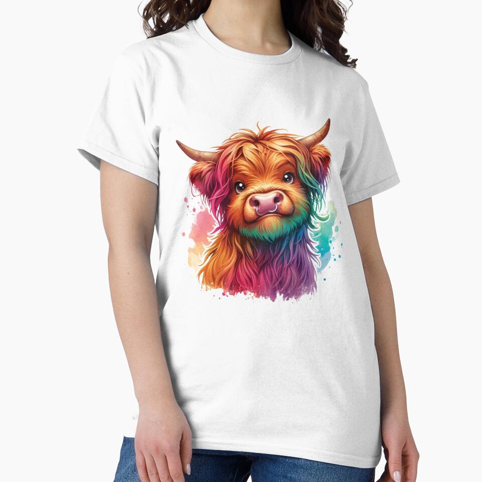 Cute Scottish Baby Highland Cow Calf Colorful Watercolor by MaedK