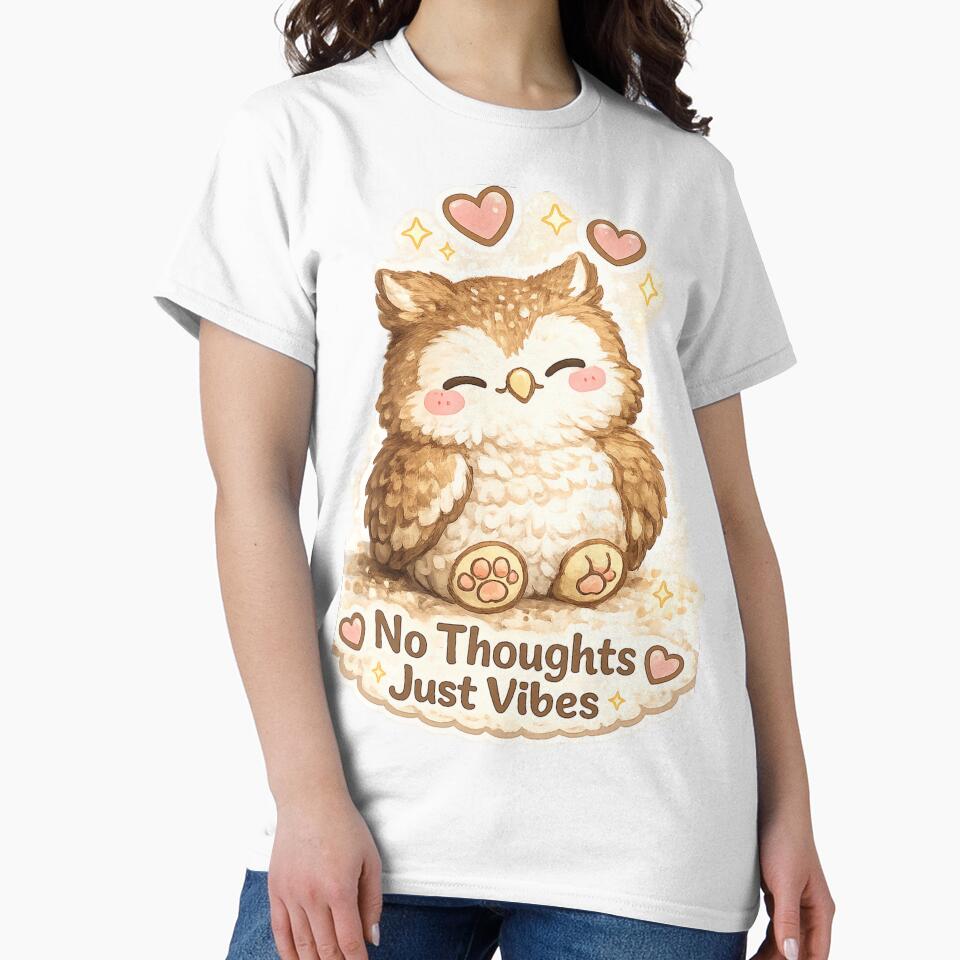 No Thoughts Just Vibes – Cute Owl Aesthetic Illustration by BabyStark