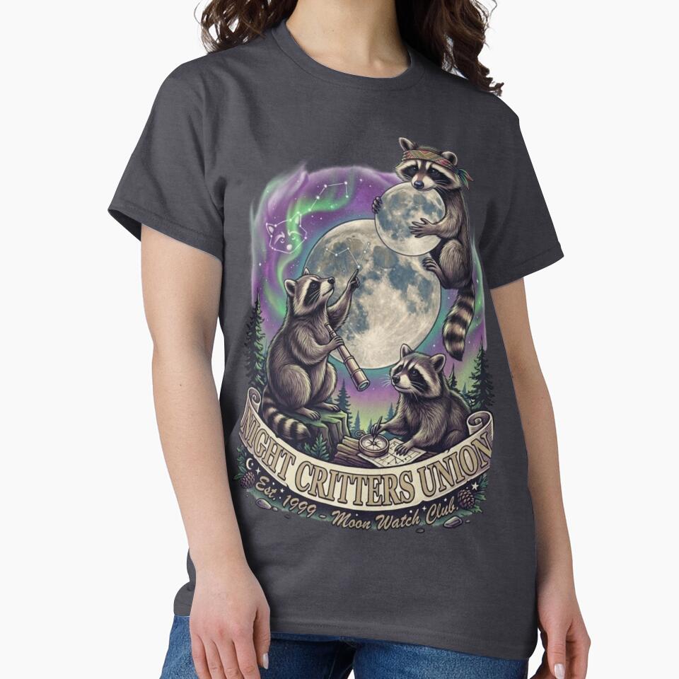 Three Raccoons Howling at Moon Retro Graphic Tee - Night Critters Union by Nurseenstore
