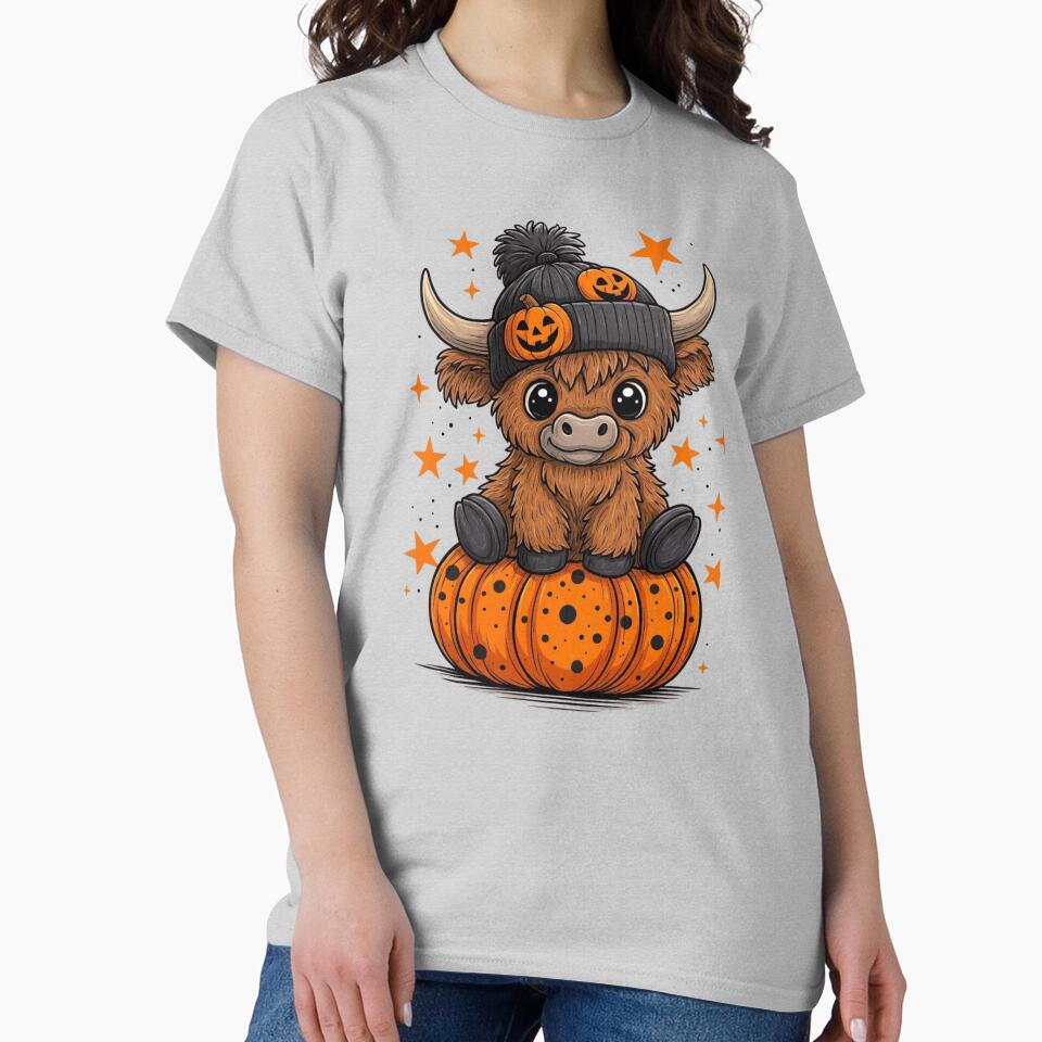 Cute Halloween Highland Cow with Pumpkin – Kawaii Spooky Cow by anemiche