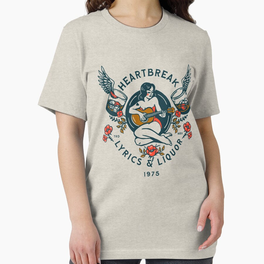 "Heartbreak Lyrics & Liquor, 1975" Cool Retro Whiskey Pinup Girl Playing Guitar by The Whiskey Ginger Design Shop