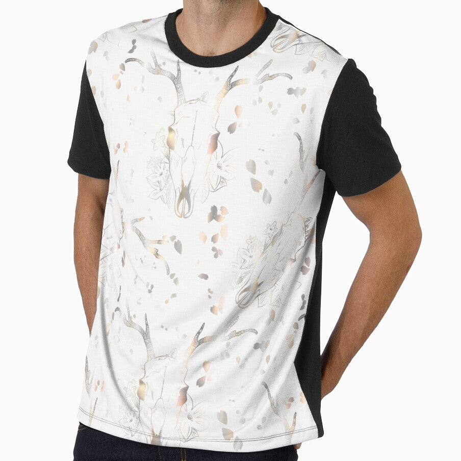 Whimsigoth Pearl Deer Skull Floral Pattern on White by Little Wimbly
