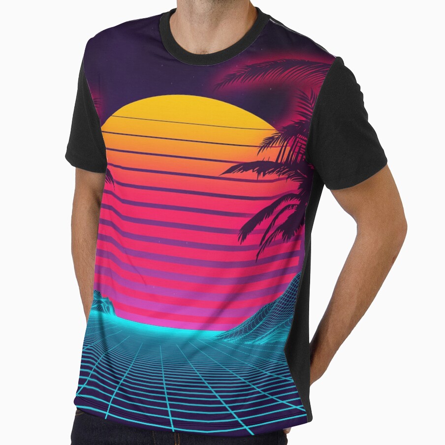 Retro Synthwave Sunset - 80s Vaporwave Grid Landscape Neon Palm Trees by leen12 Art Designs Prints