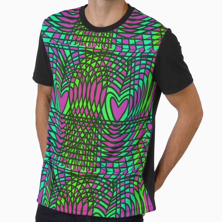 Trippy Neon Geometric Pink and Green Hearts by MandaScribbles
