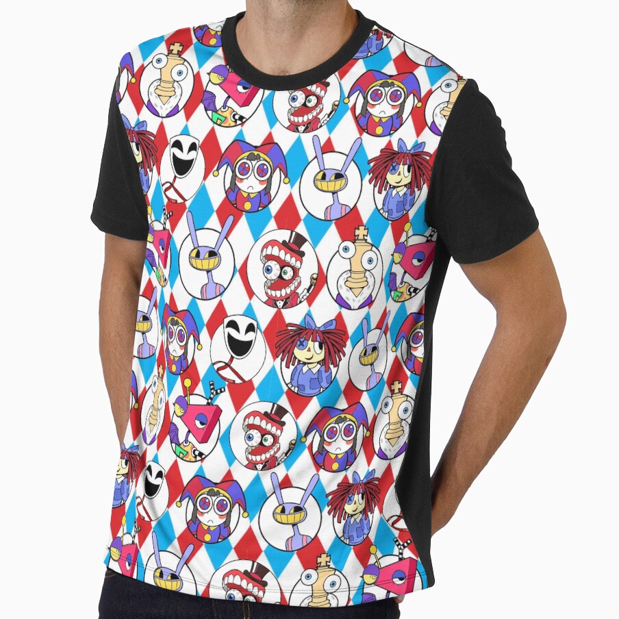 TADC The Amazing Digital Circus Seamless Pattern w/ Red Blue Background! Jax, Kinger, Gangle, Zooble, Ragatha, Pomni, Caine. by Playful Patternz
