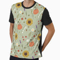 Cat fruits and flowers pattern green background by sagm