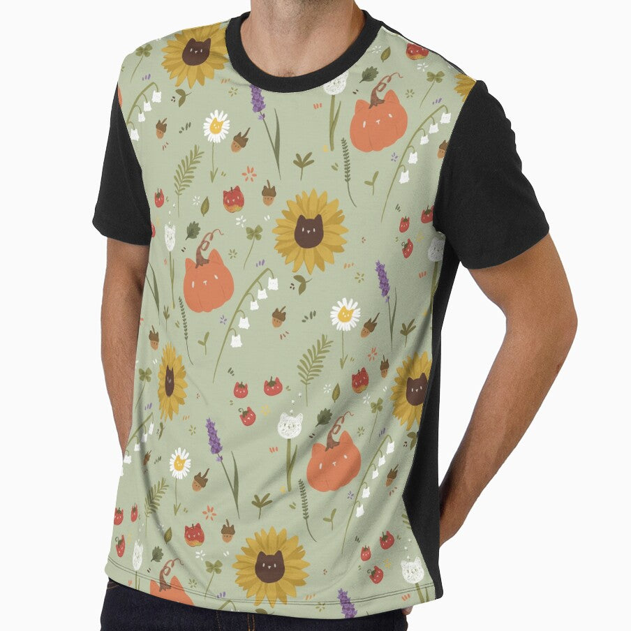 Cat fruits and flowers pattern green background by sagm