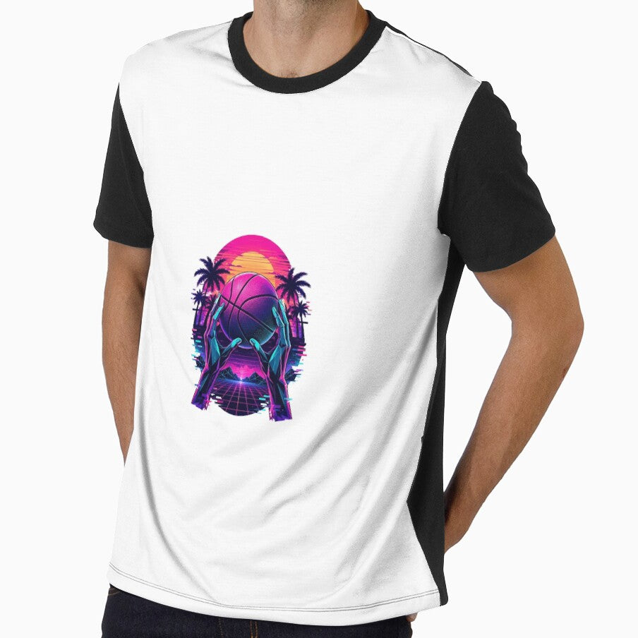 Vaporwave Sunset Hoops - 90s Retro Basketball Aesthetic T-Shirt by FightStamp