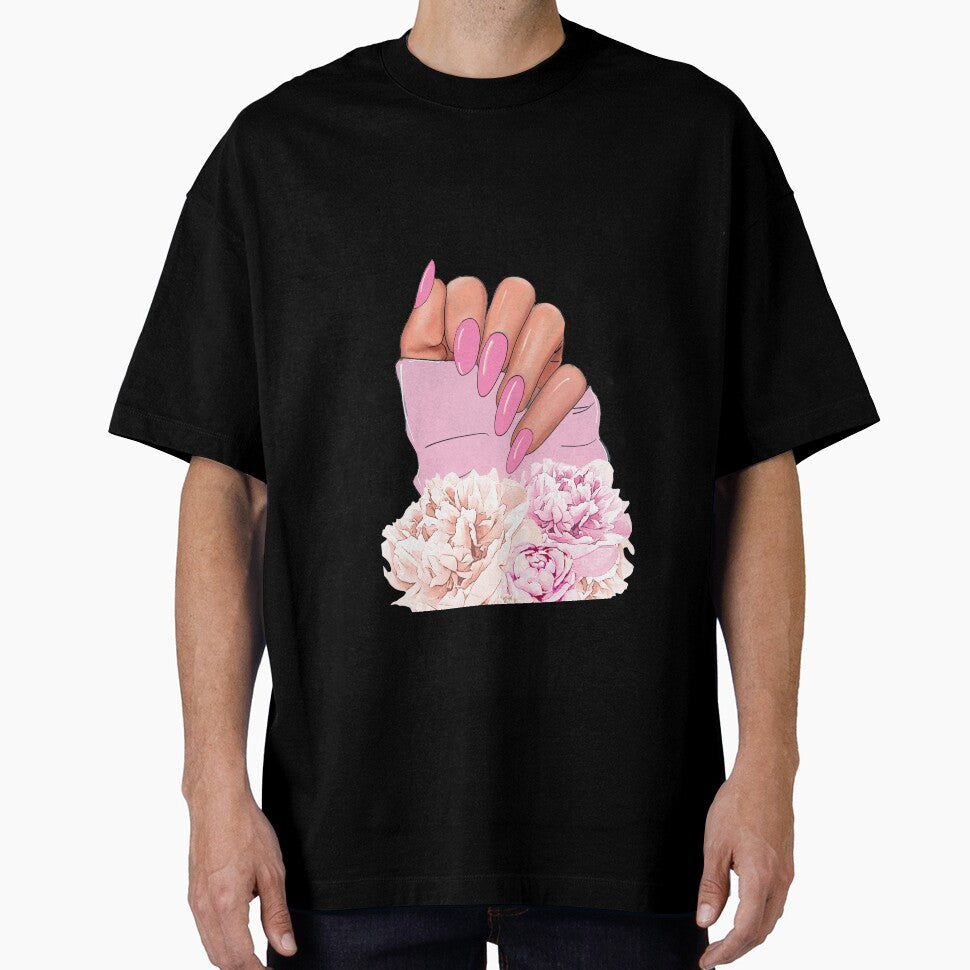 Beautiful feminine hand with pink nails and flowers by jalinaart