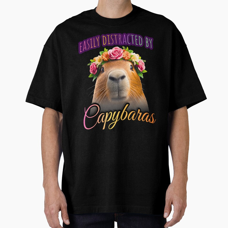 Easily Distracted By Capybaras Funny Capybara Flower Crown T-Shirt by TwistedComicLab