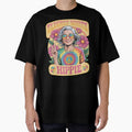 Elderly White Hippie Woman Peace Sign Retro Flower Power by SkymarArt