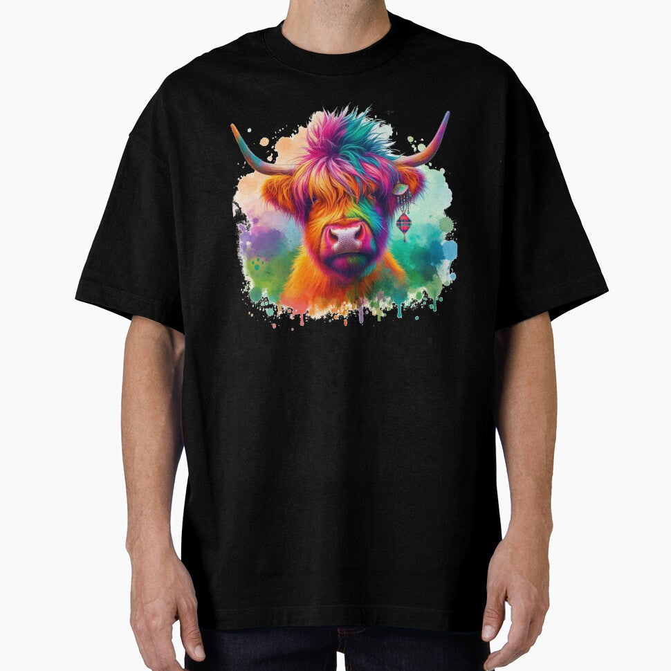 Punk Rocker Scottish Highland Cow Colorful Watercolor by MaedK