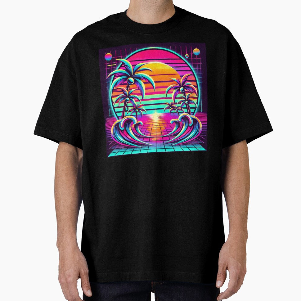 Neon Paradise – Vibrant Retro Sunset with Palm Trees & Ocean Waves by Hegen79