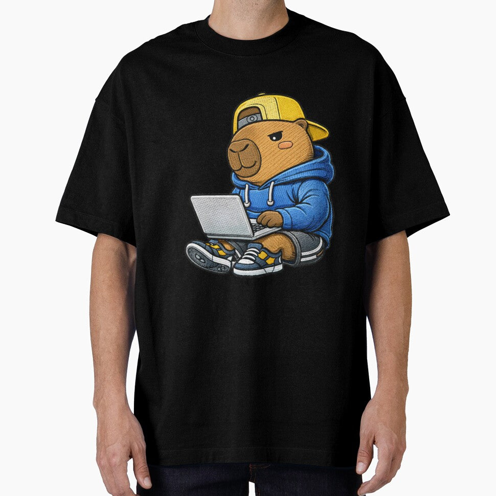 Cute Remote Work Capybara Using Laptop – Kawaii Digital Nomad Capybara Embroidered Patch Style by ColorSplash123