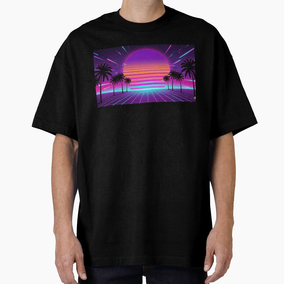 Retro 80s Synthwave Sunset & Neon Palm Trees by PixelPasha