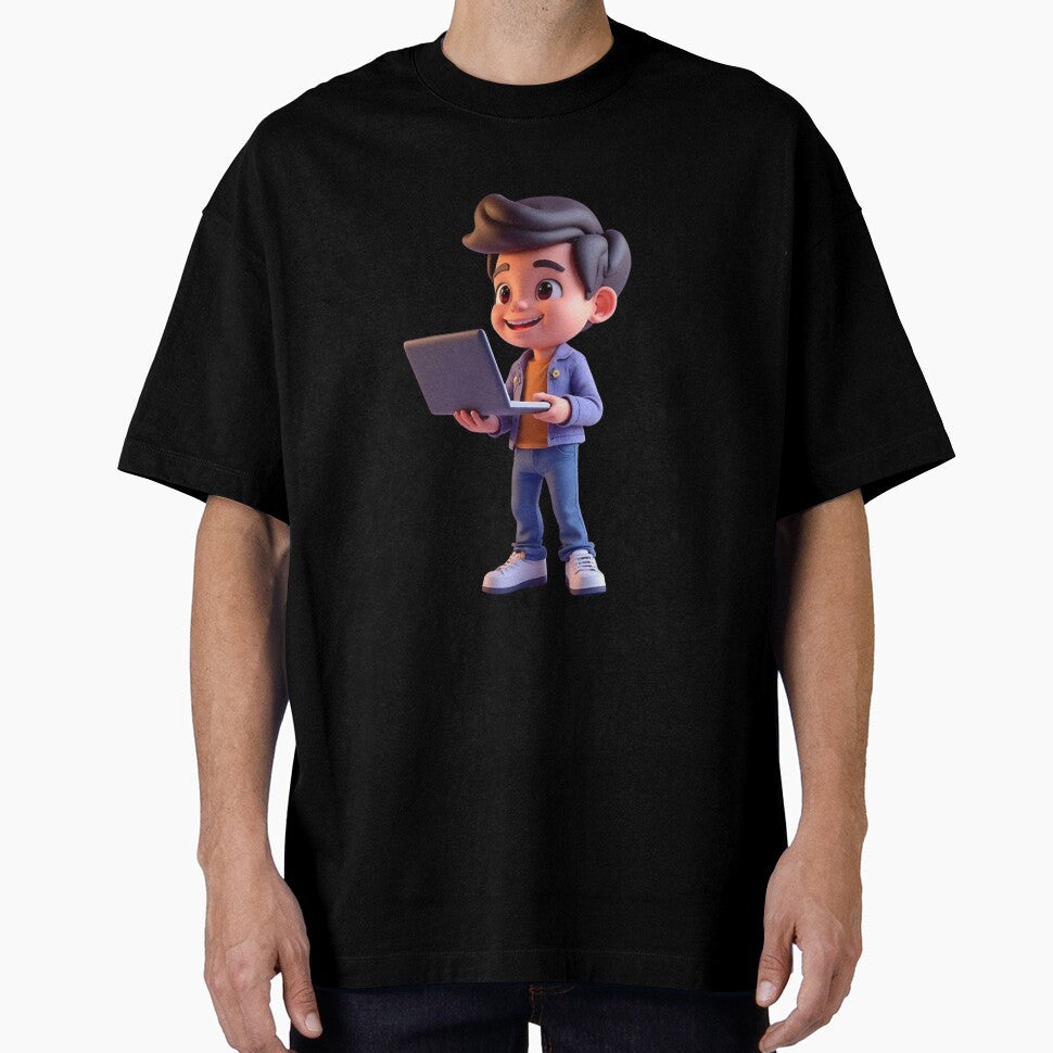 Smiling Character Holding an Open Laptop – Modern Work from Home Illustration by PrintCreations9